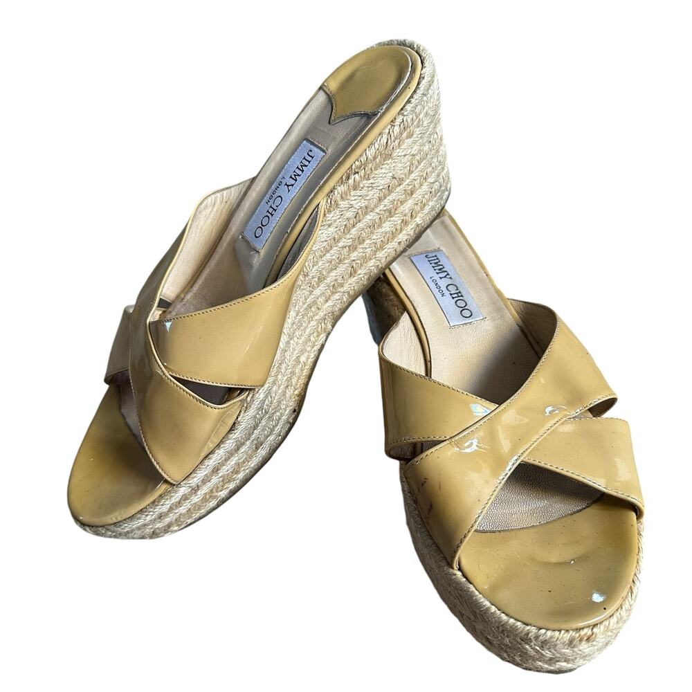 Jimmy Choo Paisley Crisscross Slide Sandal Espadrille Beige Patent Wedge Size 40